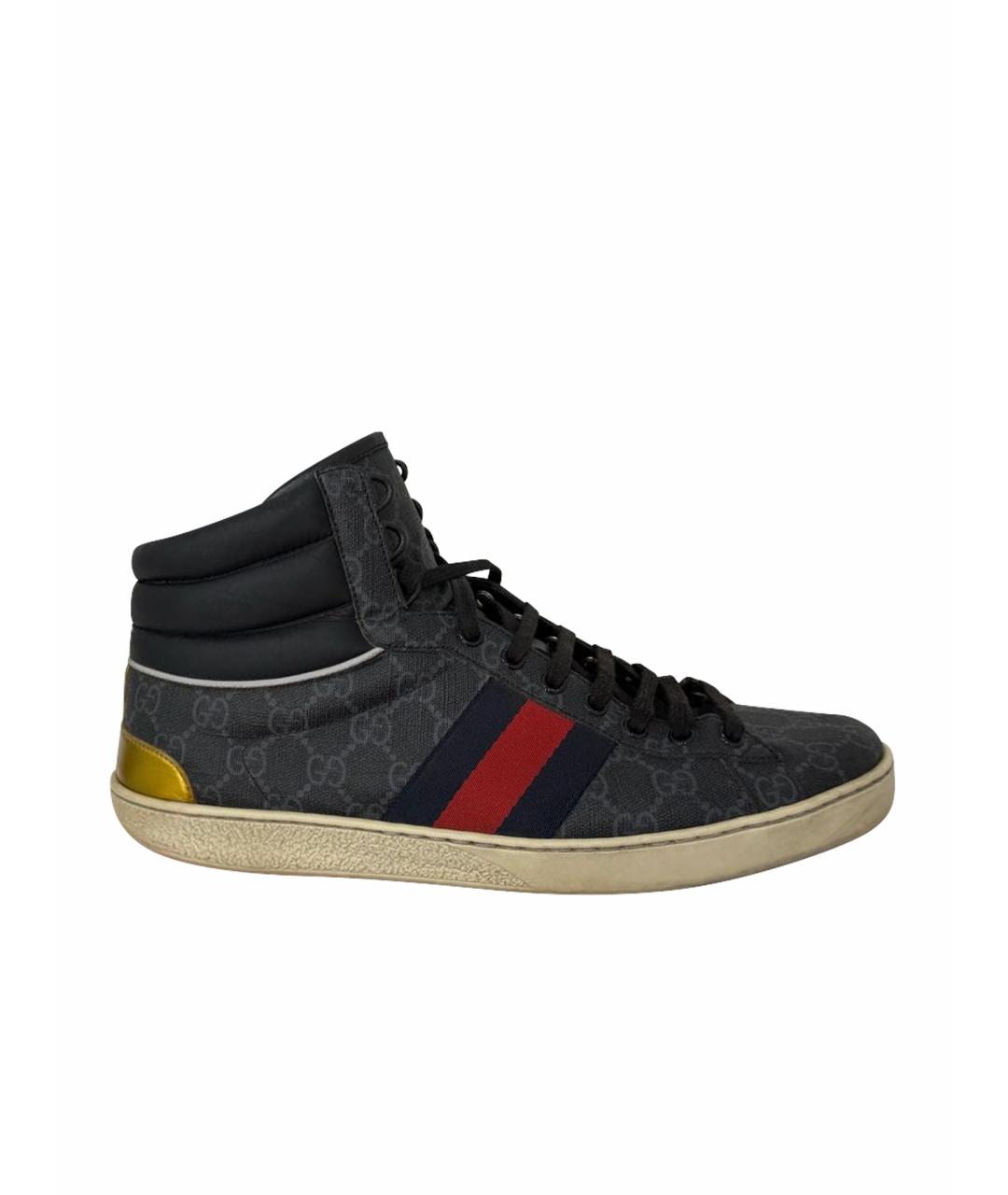GUCCI Антрацитовые кожаные высокие кроссовки / кеды, фото 1
