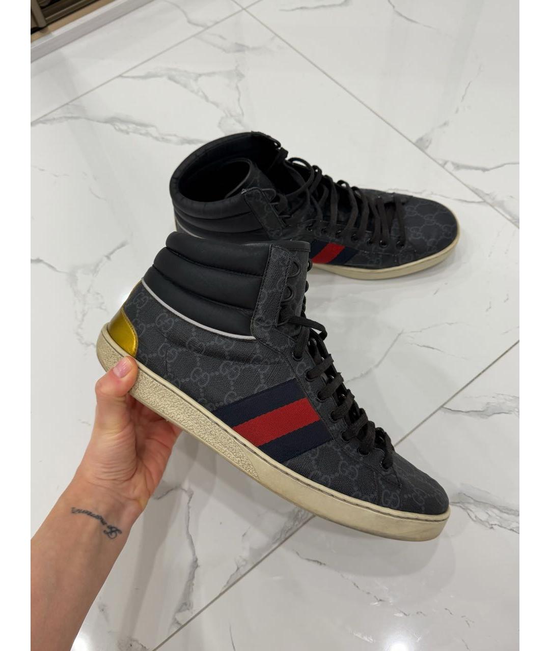GUCCI Антрацитовые кожаные высокие кроссовки / кеды, фото 4