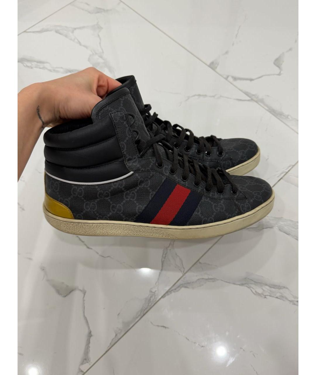 GUCCI Антрацитовые кожаные высокие кроссовки / кеды, фото 3