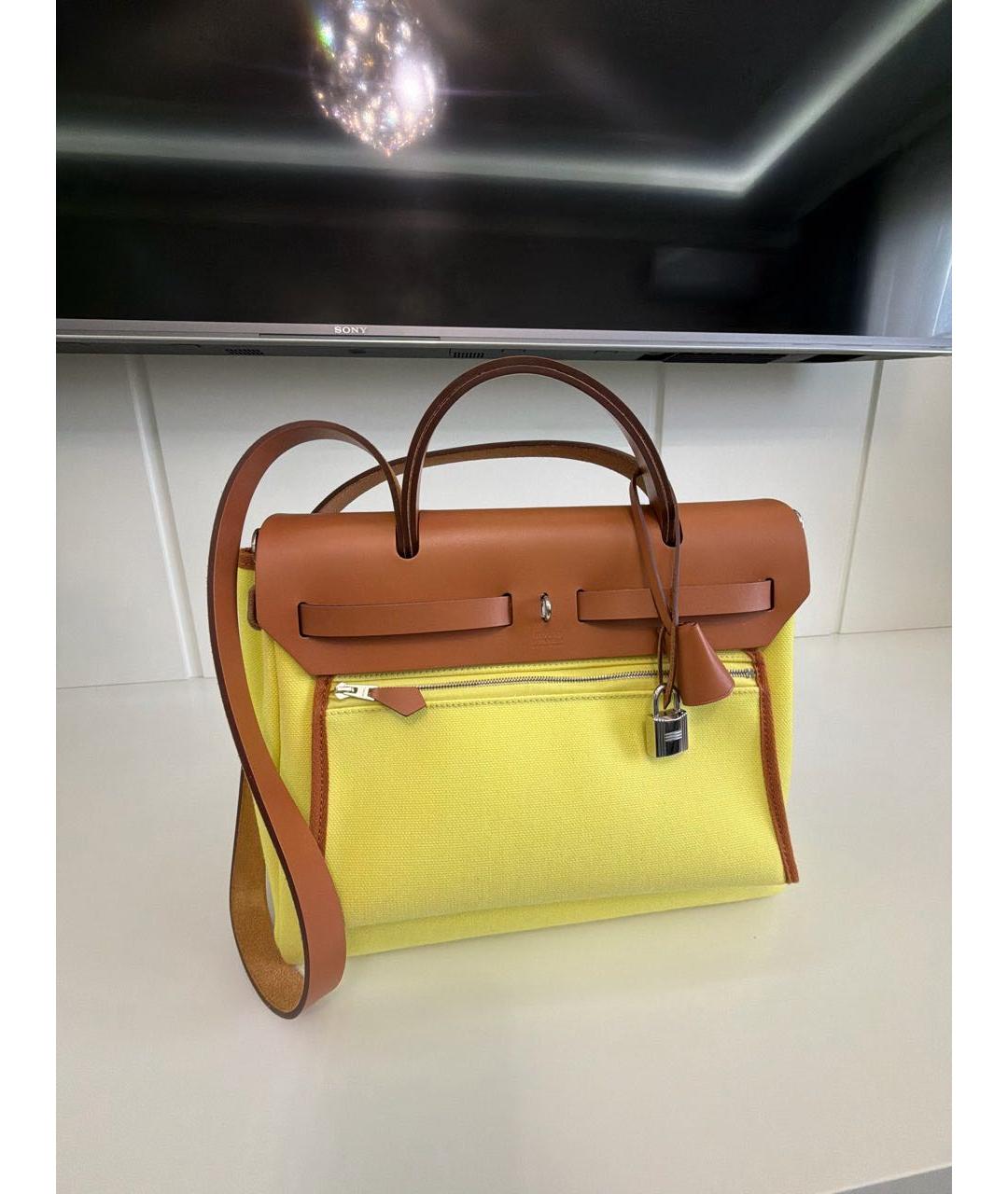 HERMES Желтая сумка тоут из канвы, фото 3