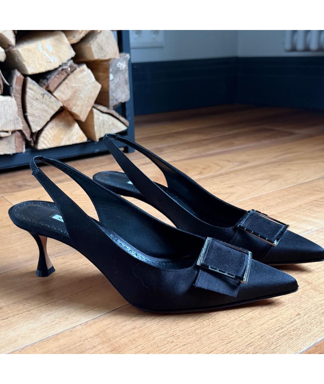 MANOLO BLAHNIK Черные текстильные лодочки на низком каблуке, фото 3