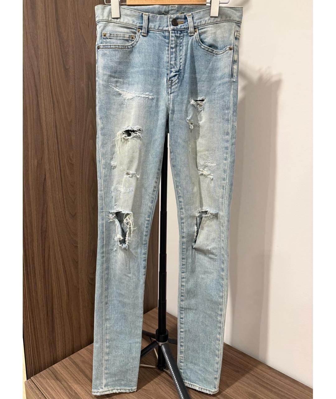 SAINT LAURENT Голубые хлопко-эластановые джинсы скинни, фото 9