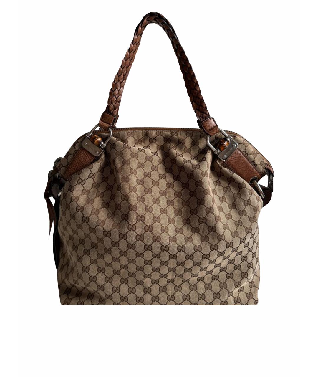 GUCCI Коричневая сумка с короткими ручками из канвы, фото 1