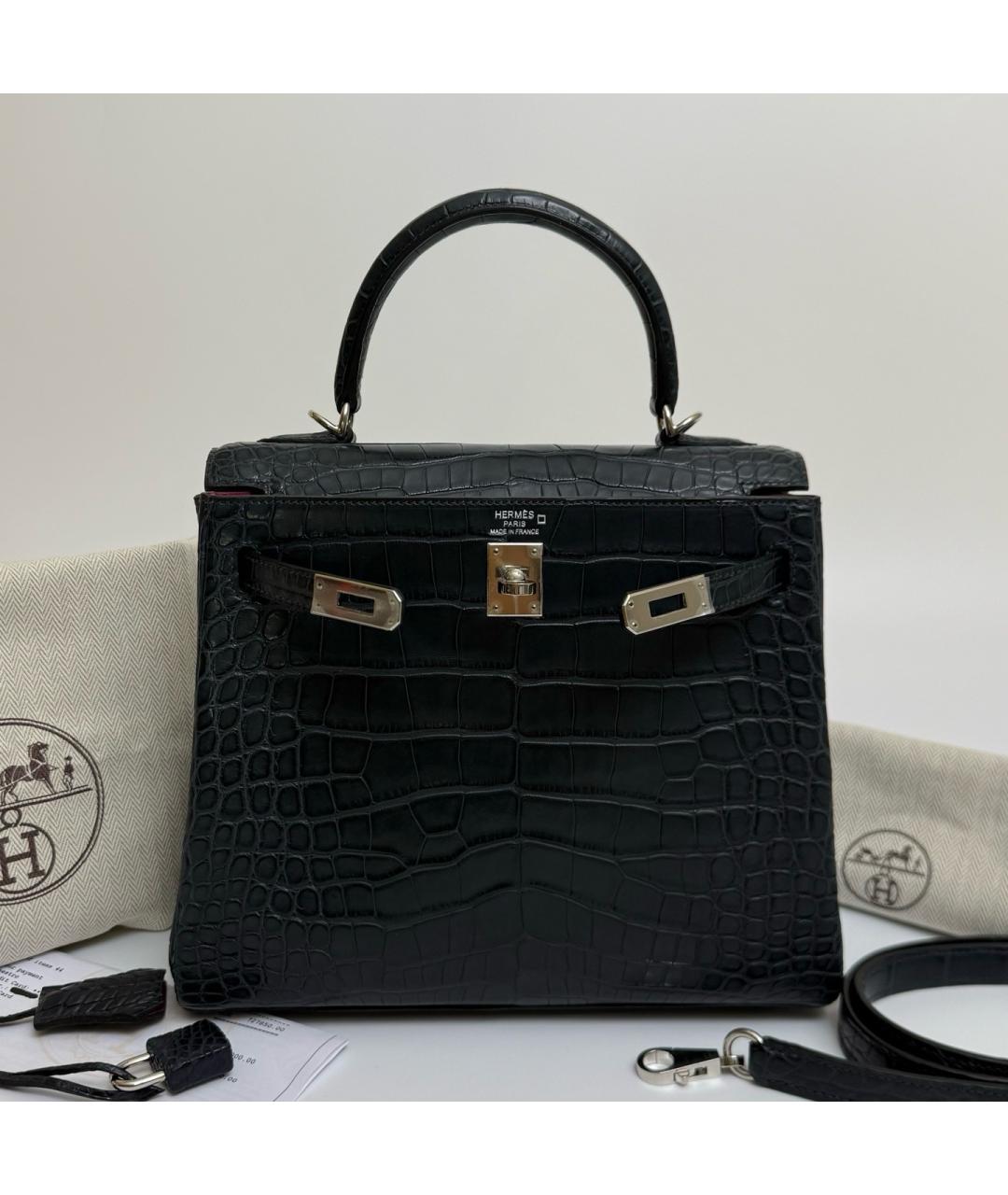 HERMES Синяя сумка с короткими ручками из кожи крокодила, фото 9