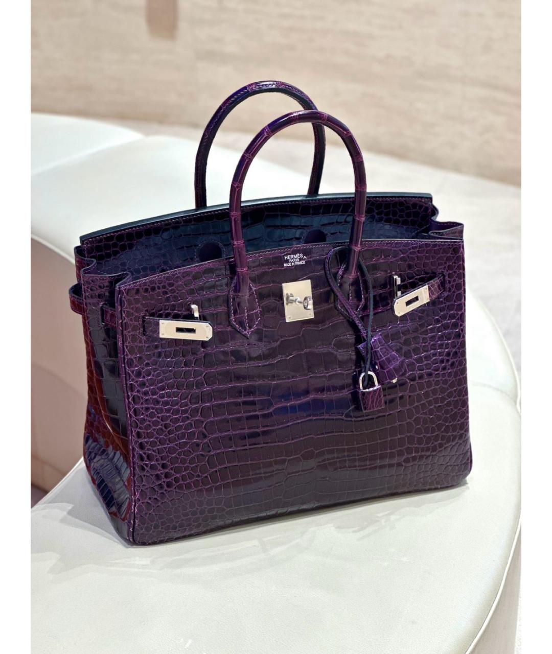 HERMES Фиолетовая сумка с короткими ручками из кожи крокодила, фото 2