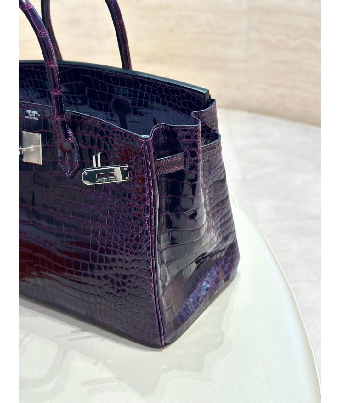 HERMES Фиолетовая сумка с короткими ручками из кожи крокодила, фото 6