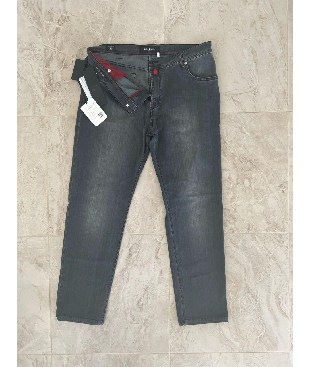 KITON Серые хлопко-эластановые прямые джинсы, фото 4
