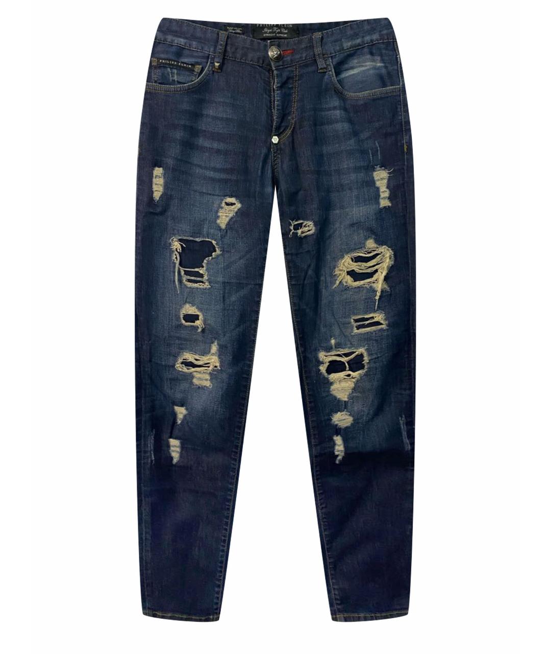 PHILIPP PLEIN Темно-синие хлопко-эластановые прямые джинсы, фото 1