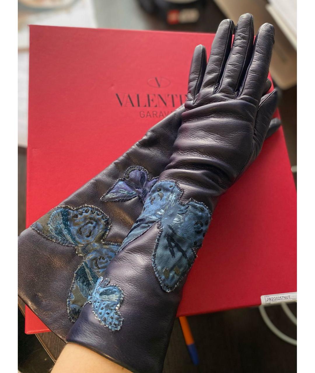 VALENTINO Темно-синие кожаные перчатки, фото 2