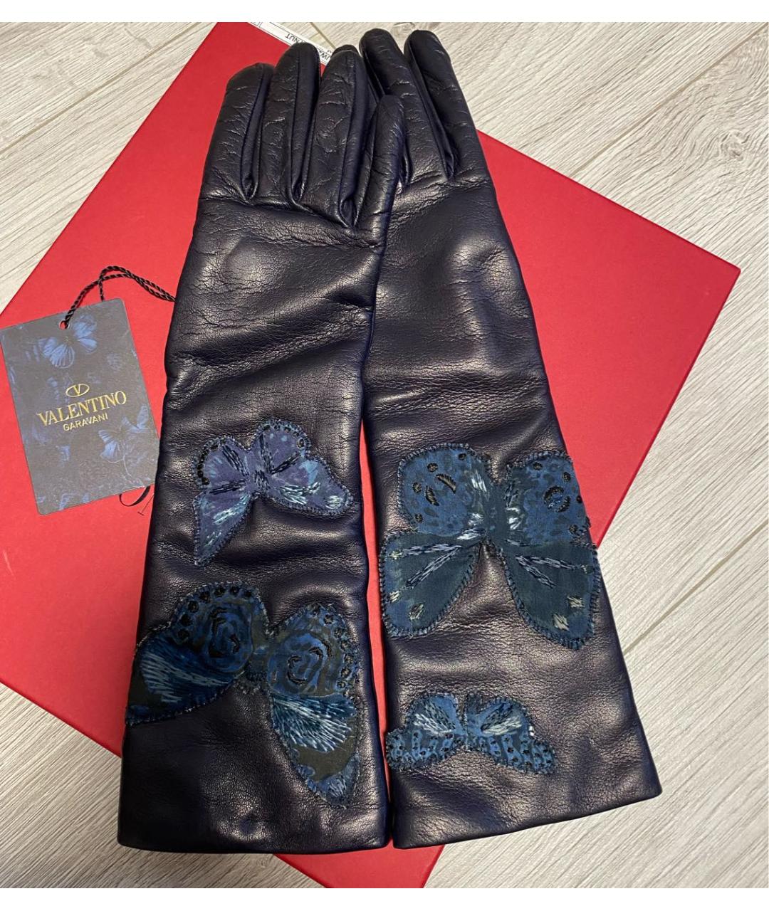 VALENTINO Темно-синие кожаные перчатки, фото 6