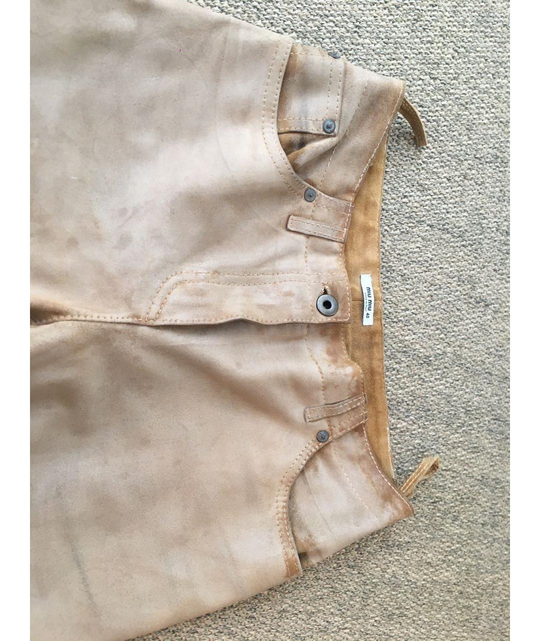 MIU MIU Горчичные кожаные прямые брюки, фото 3