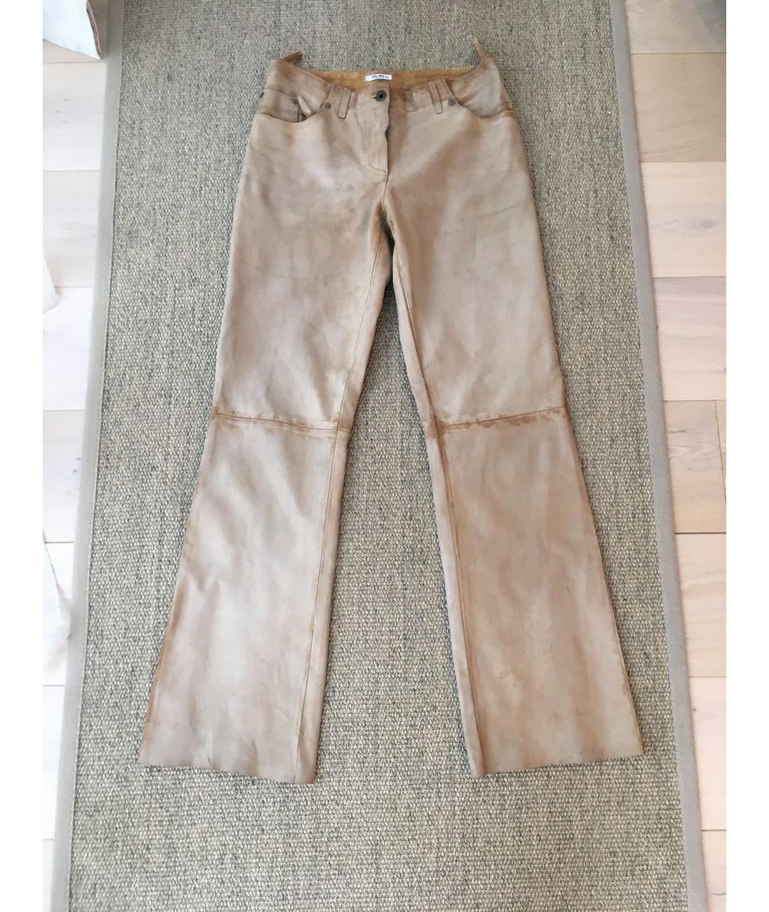 MIU MIU Горчичные кожаные прямые брюки, фото 9
