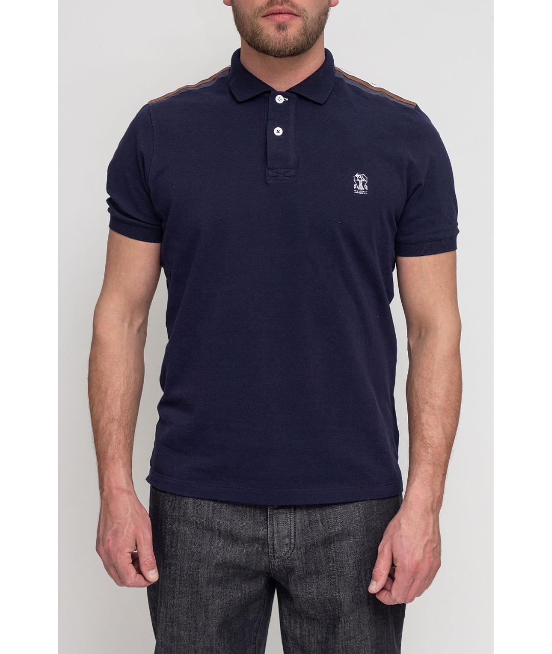 BRUNELLO CUCINELLI Темно-синее хлопковое поло с коротким рукавом, фото 4