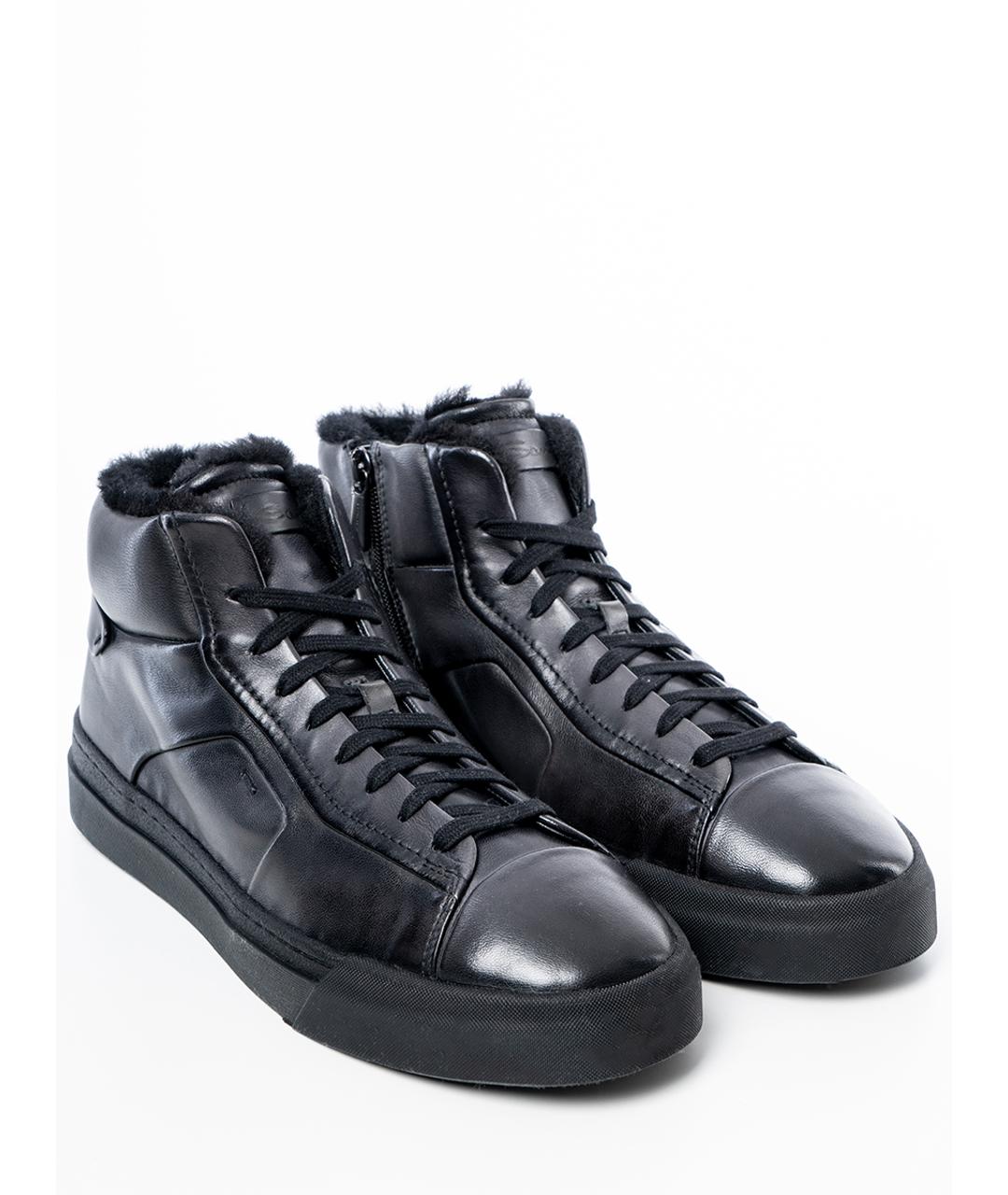SANTONI Черные кожаные высокие кроссовки / кеды, фото 2