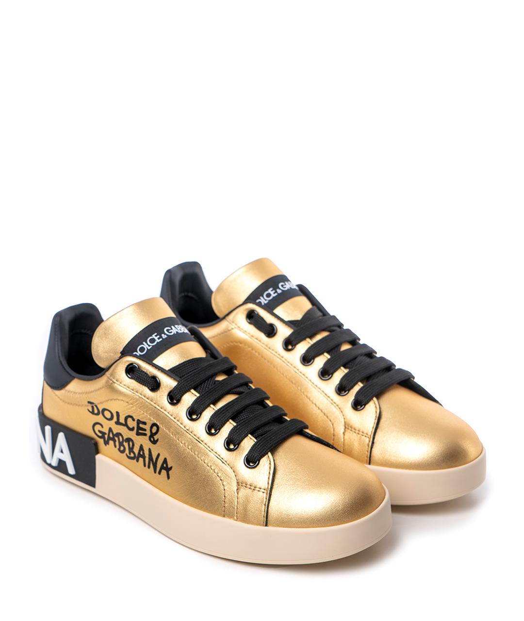 DOLCE&GABBANA Золотые кожаные кеды, фото 2