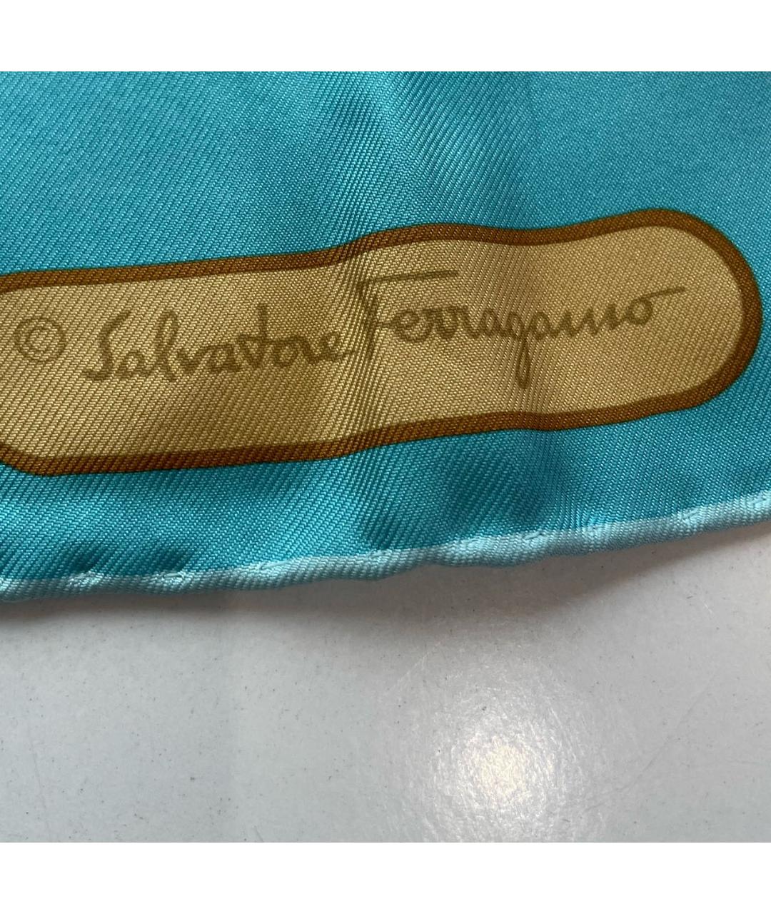 SALVATORE FERRAGAMO Голубой шелковый платок, фото 7