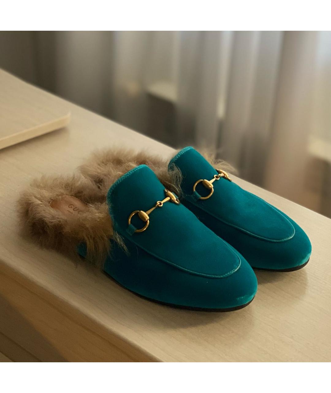 GUCCI Голубые бархатные сабо, фото 7