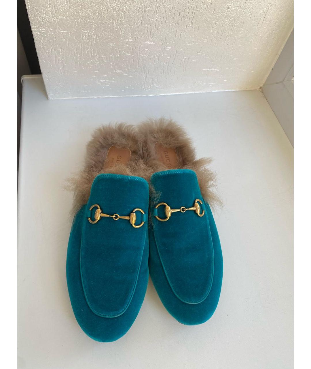 GUCCI Голубые бархатные сабо, фото 4