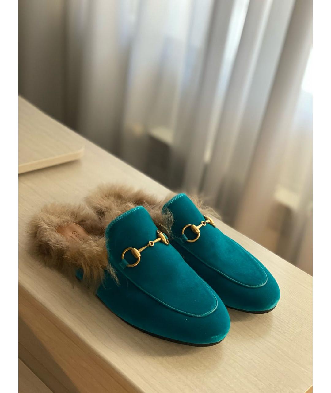 GUCCI Голубые бархатные сабо, фото 9