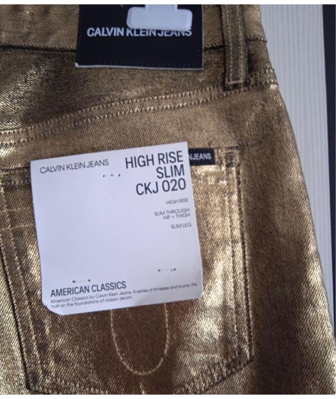 CALVIN KLEIN Золотые хлопко-эластановые джинсы слим, фото 4