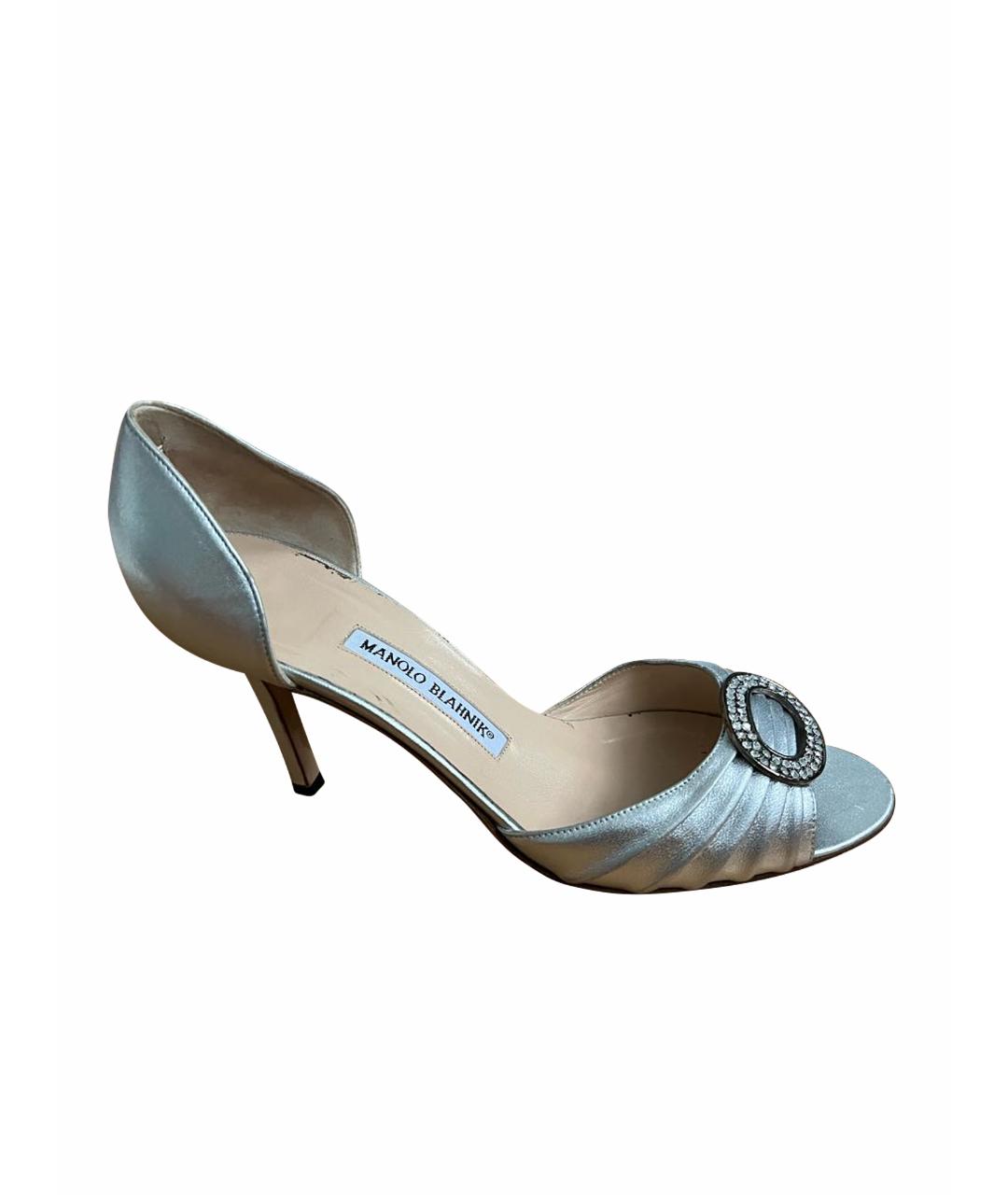 MANOLO BLAHNIK Серебряные текстильные босоножки, фото 1