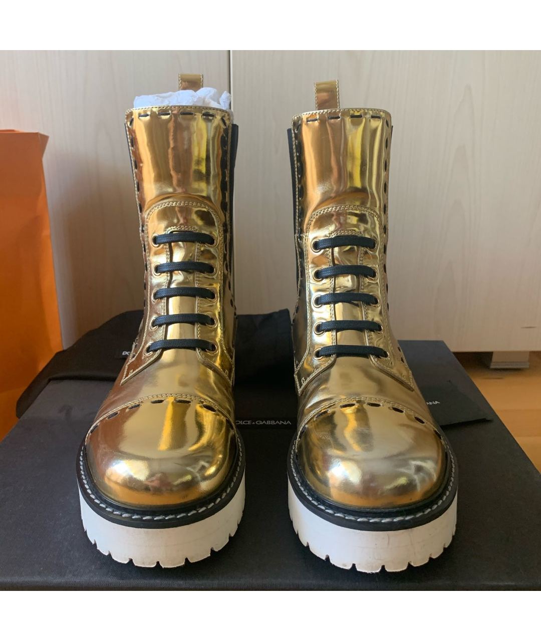 DOLCE&GABBANA Золотые кожаные ботинки, фото 2