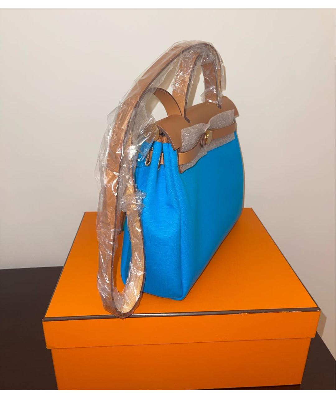 HERMES Голубая кожаная сумка тоут, фото 3