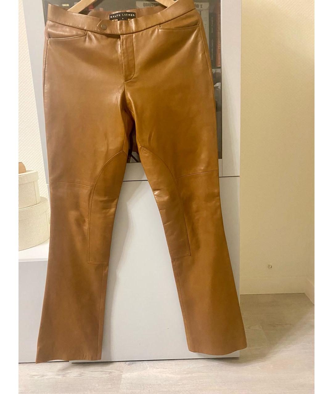 RALPH LAUREN Коричневые кожаные прямые брюки, фото 6
