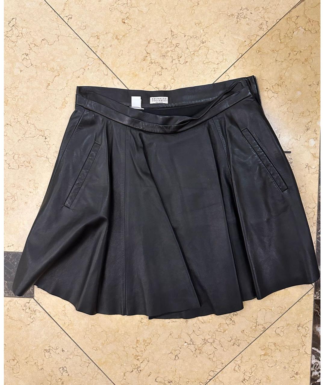 BRUNELLO CUCINELLI Черная кожаная юбка мини, фото 5