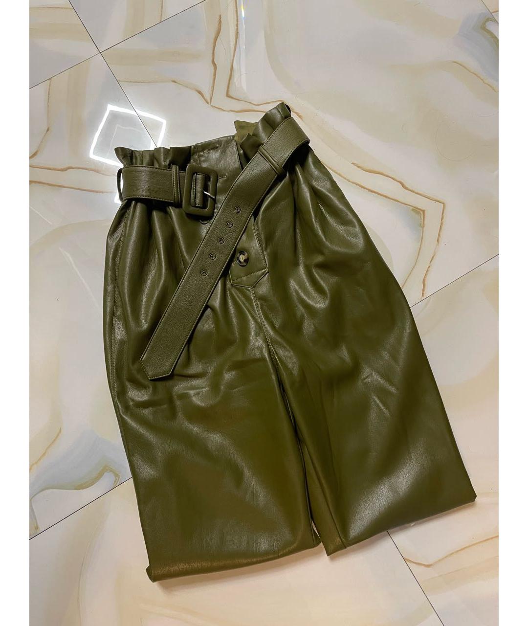 SELF-PORTRAIT Зеленые кожаные брюки широкие, фото 2