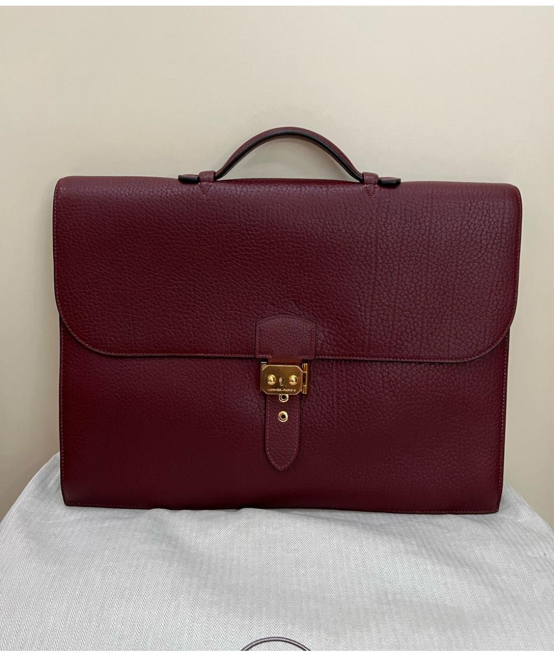 HERMES Бордовый кожаный портфель, фото 5