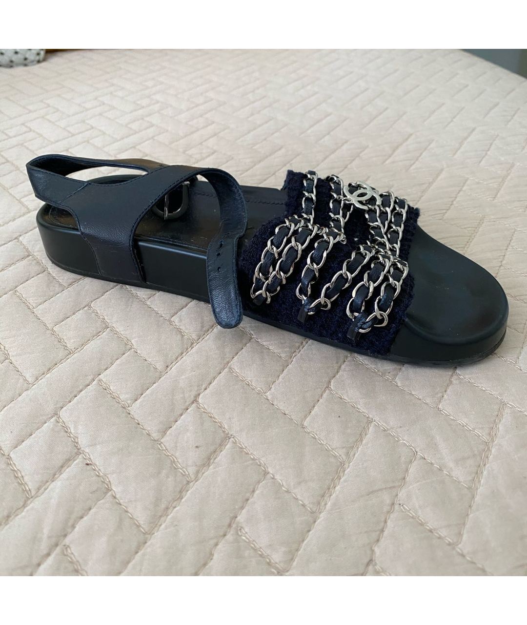 CHANEL PRE-OWNED Темно-синие текстильные сандалии, фото 5