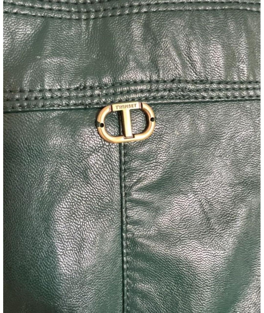 TWIN-SET Зеленые кожаные прямые брюки, фото 6