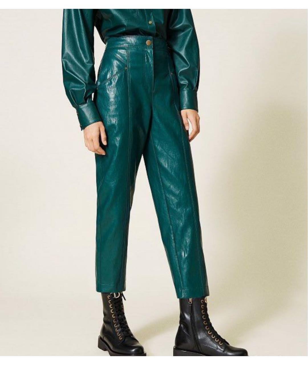 TWIN-SET Зеленые кожаные прямые брюки, фото 4