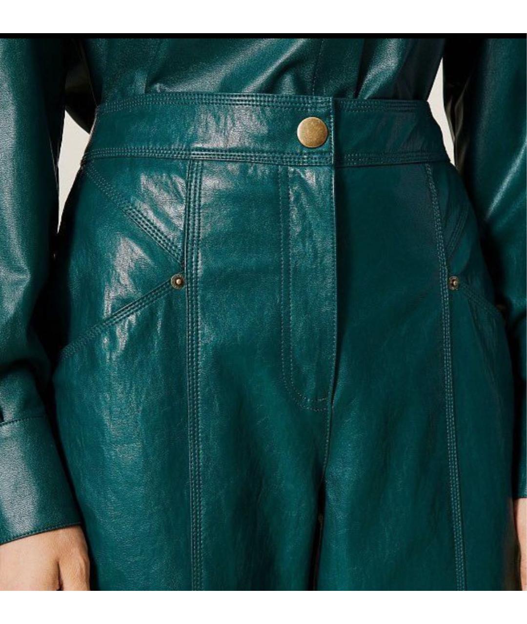 TWIN-SET Зеленые кожаные прямые брюки, фото 5