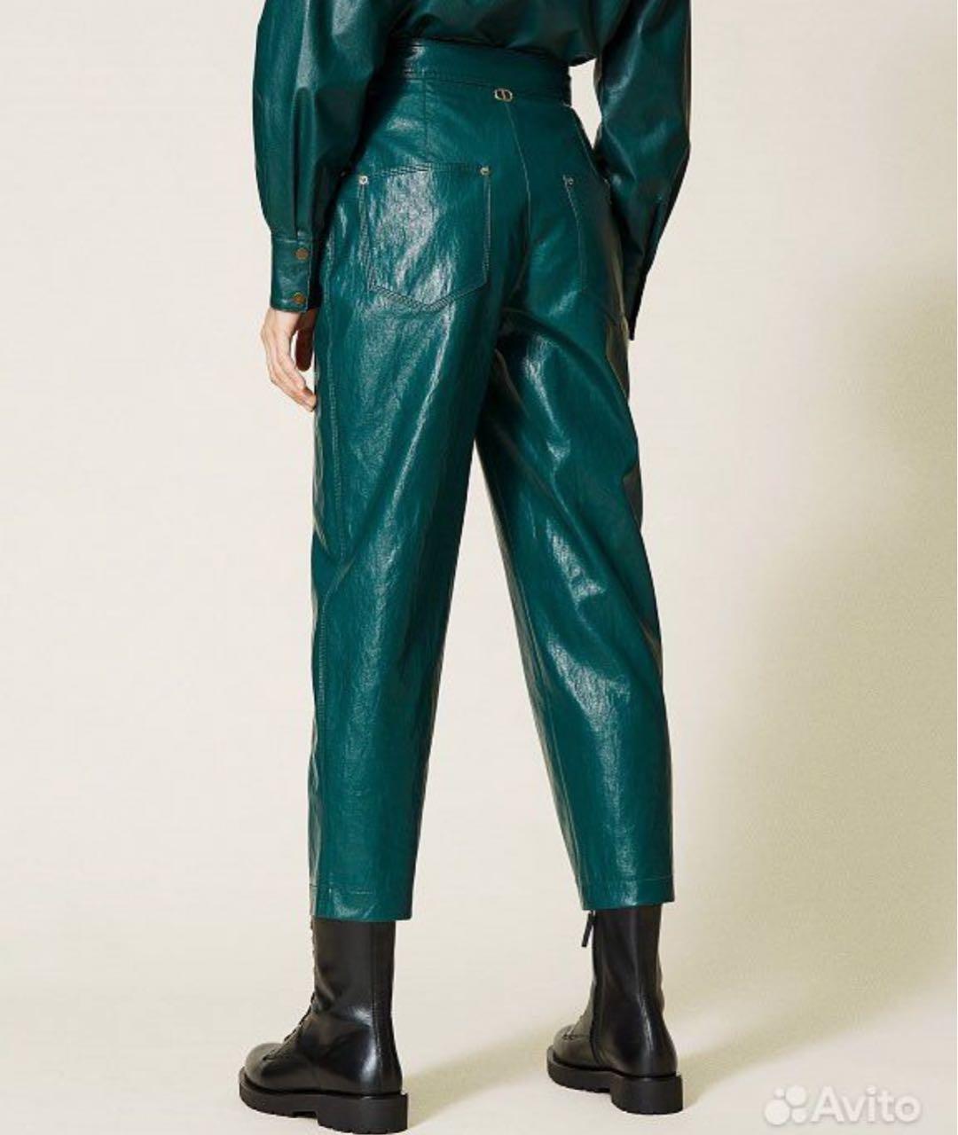 TWIN-SET Зеленые кожаные прямые брюки, фото 3