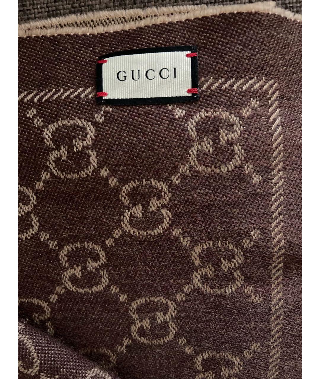 GUCCI Коричневый шерстяной шарф, фото 3