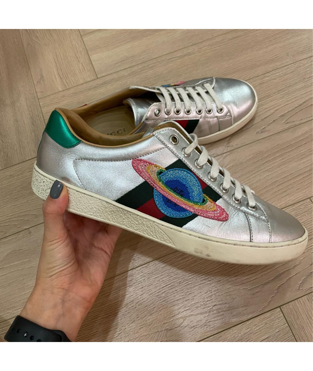GUCCI Серебряные кожаные низкие кроссовки / кеды, фото 4