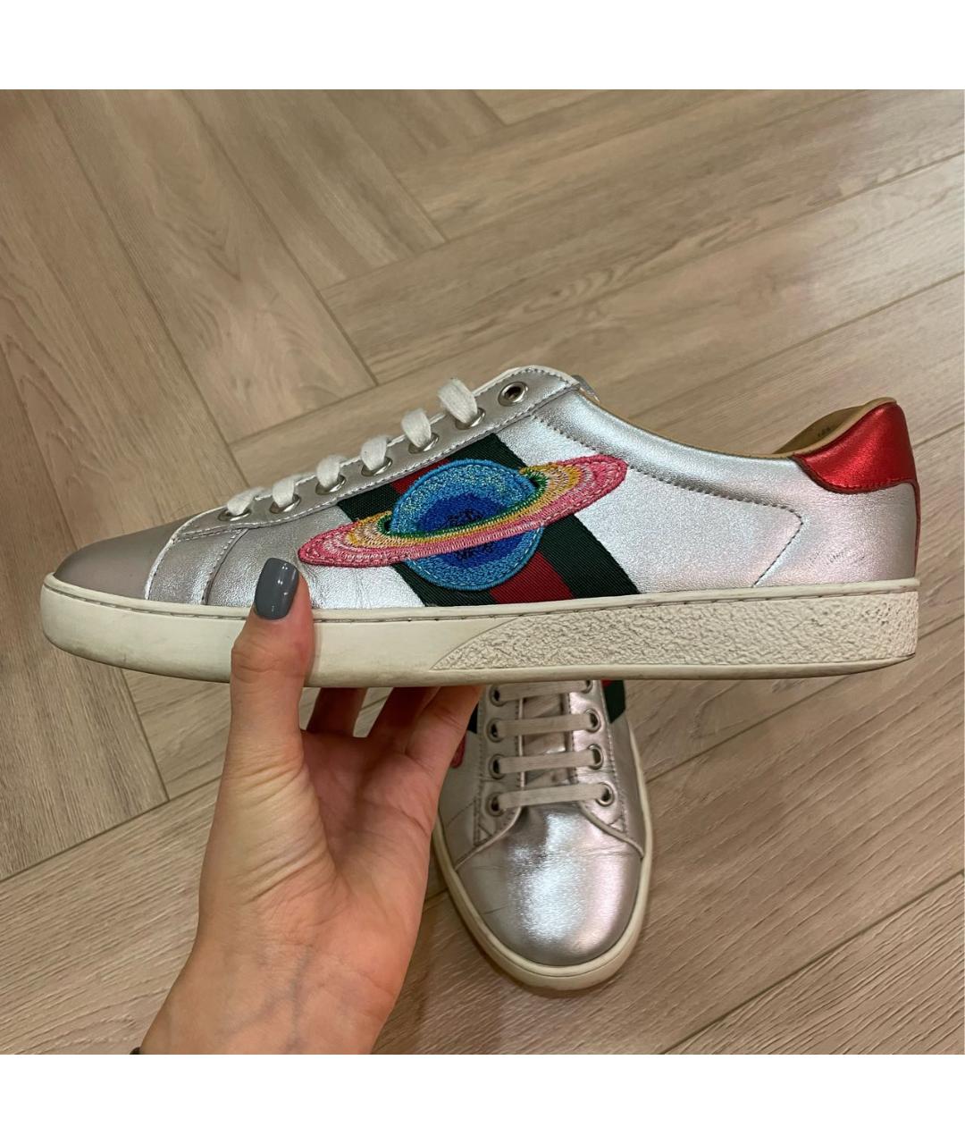 GUCCI Серебряные кожаные низкие кроссовки / кеды, фото 8