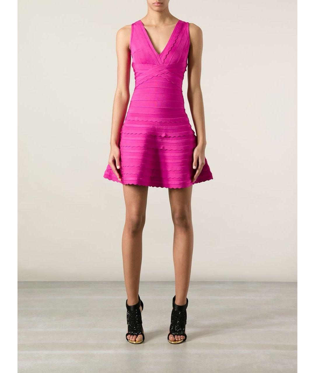 HERVE LEGER Фуксия вискозное коктейльное платье, фото 8