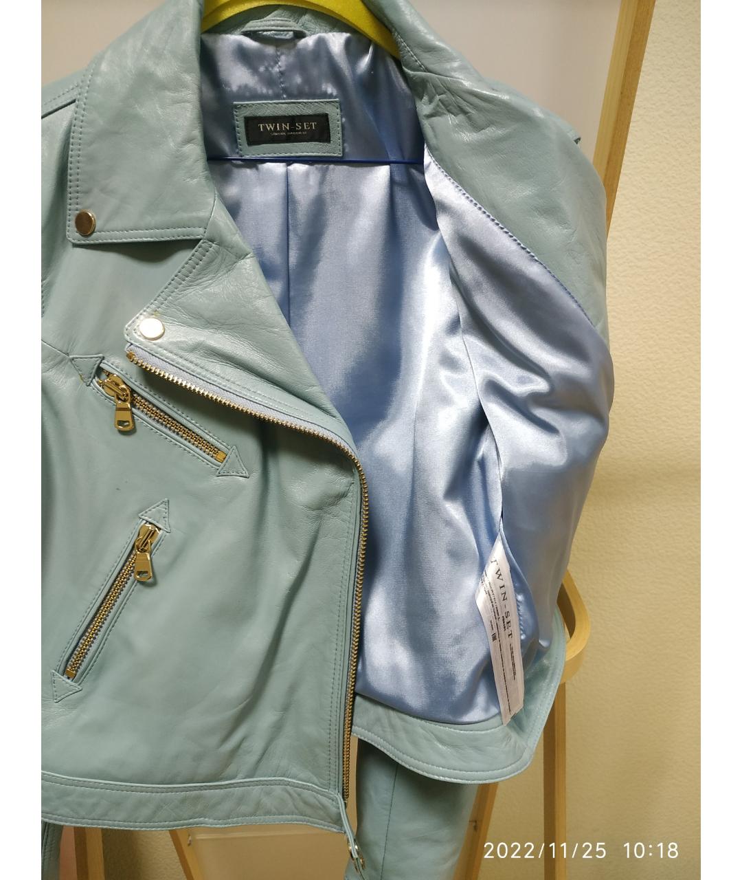 TWIN-SET Голубая кожаная куртка, фото 4