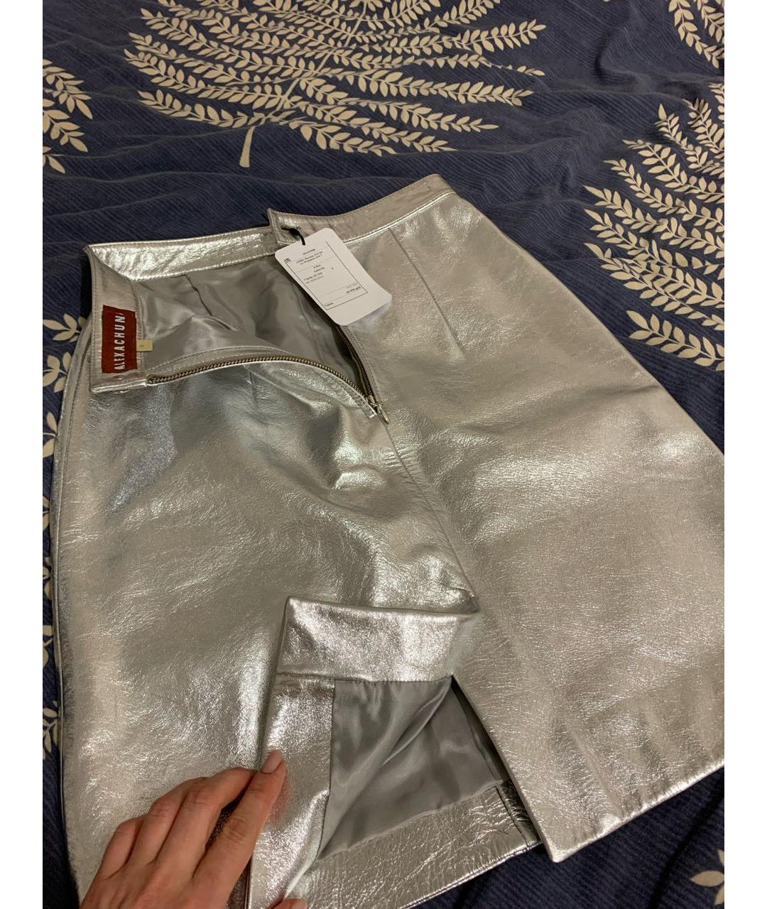 ALEXA CHUNG Серебряная кожаная юбка мини, фото 5