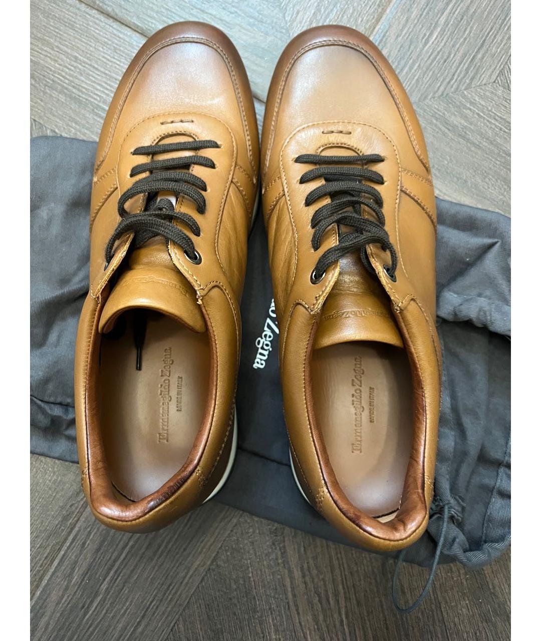 ZEGNA Коричневые кожаные низкие кроссовки / кеды, фото 3