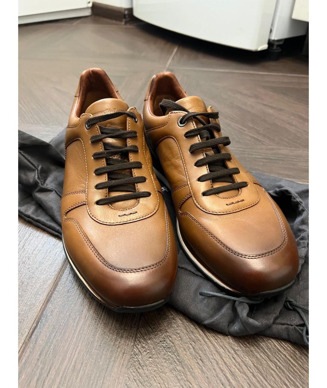 ZEGNA Коричневые кожаные низкие кроссовки / кеды, фото 2