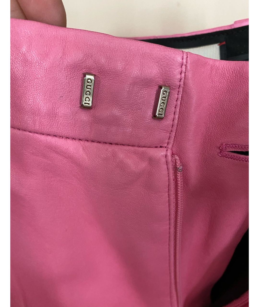 GUCCI Розовые кожаные прямые брюки, фото 6