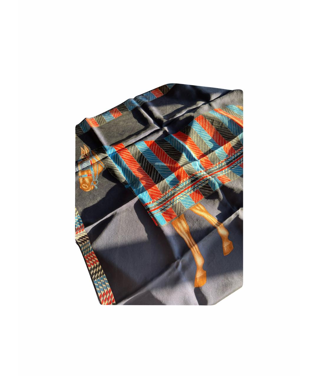 HERMES Темно-синий шелковый платок, фото 1