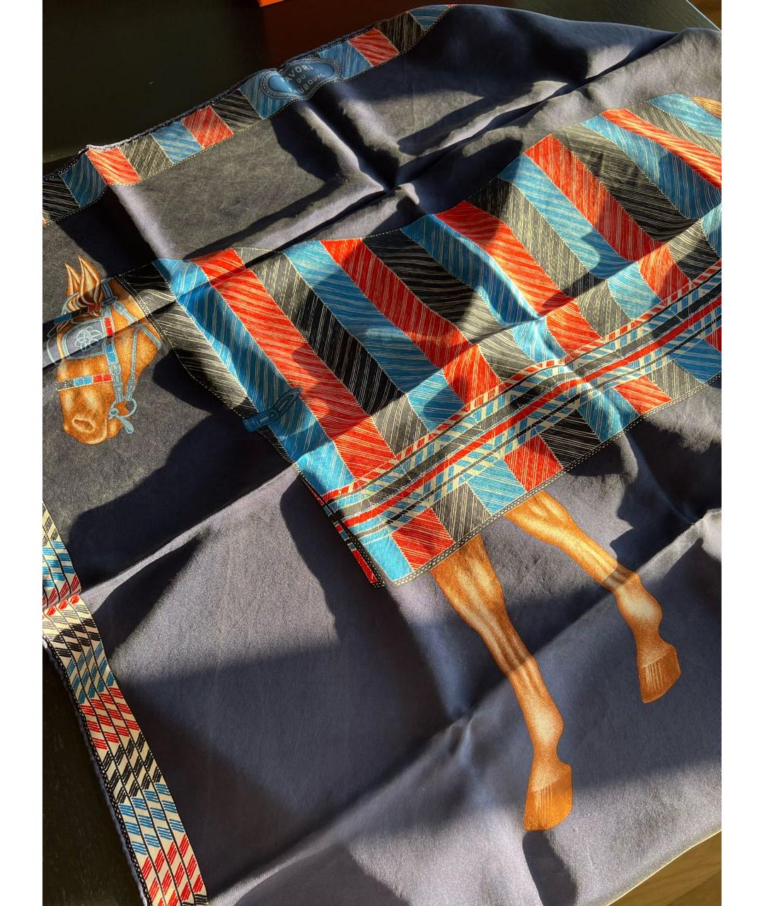 HERMES Темно-синий шелковый платок, фото 5