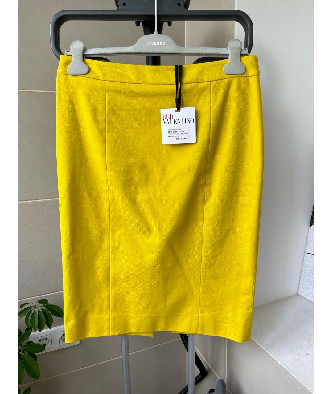 RED VALENTINO Желтая хлопко-эластановая юбка миди, фото 2