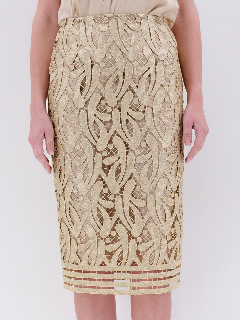 NO. 21 Золотая полиэстеровая юбка миди, фото 2