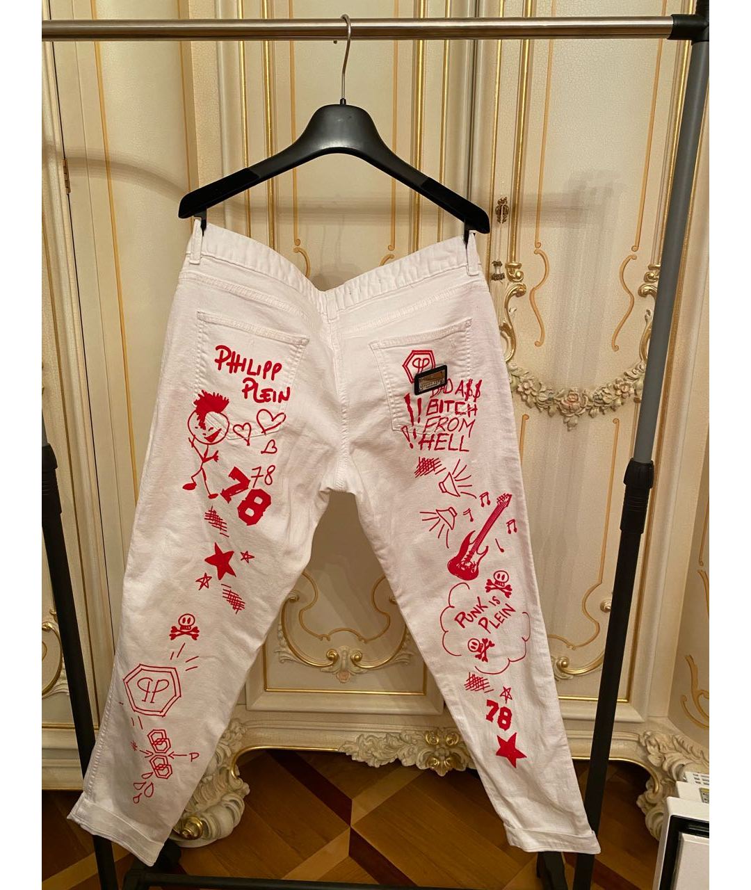 PHILIPP PLEIN Белые хлопко-эластановые прямые джинсы, фото 2